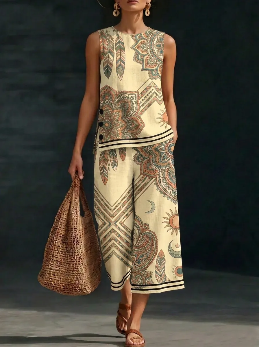 Women's Bohemian Mandala Sun Moon Printed Sleeveless Set