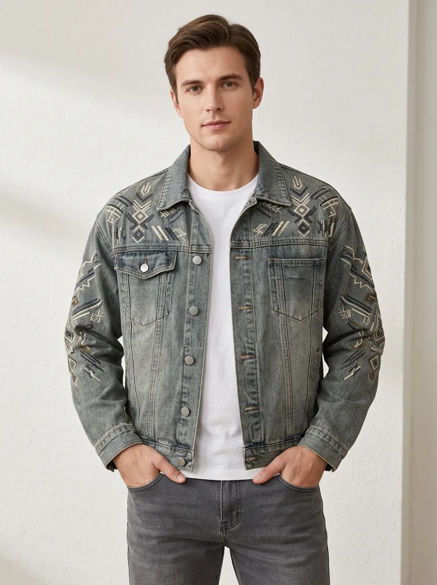Men's Tribal Embroidered Washed Denim Jacket