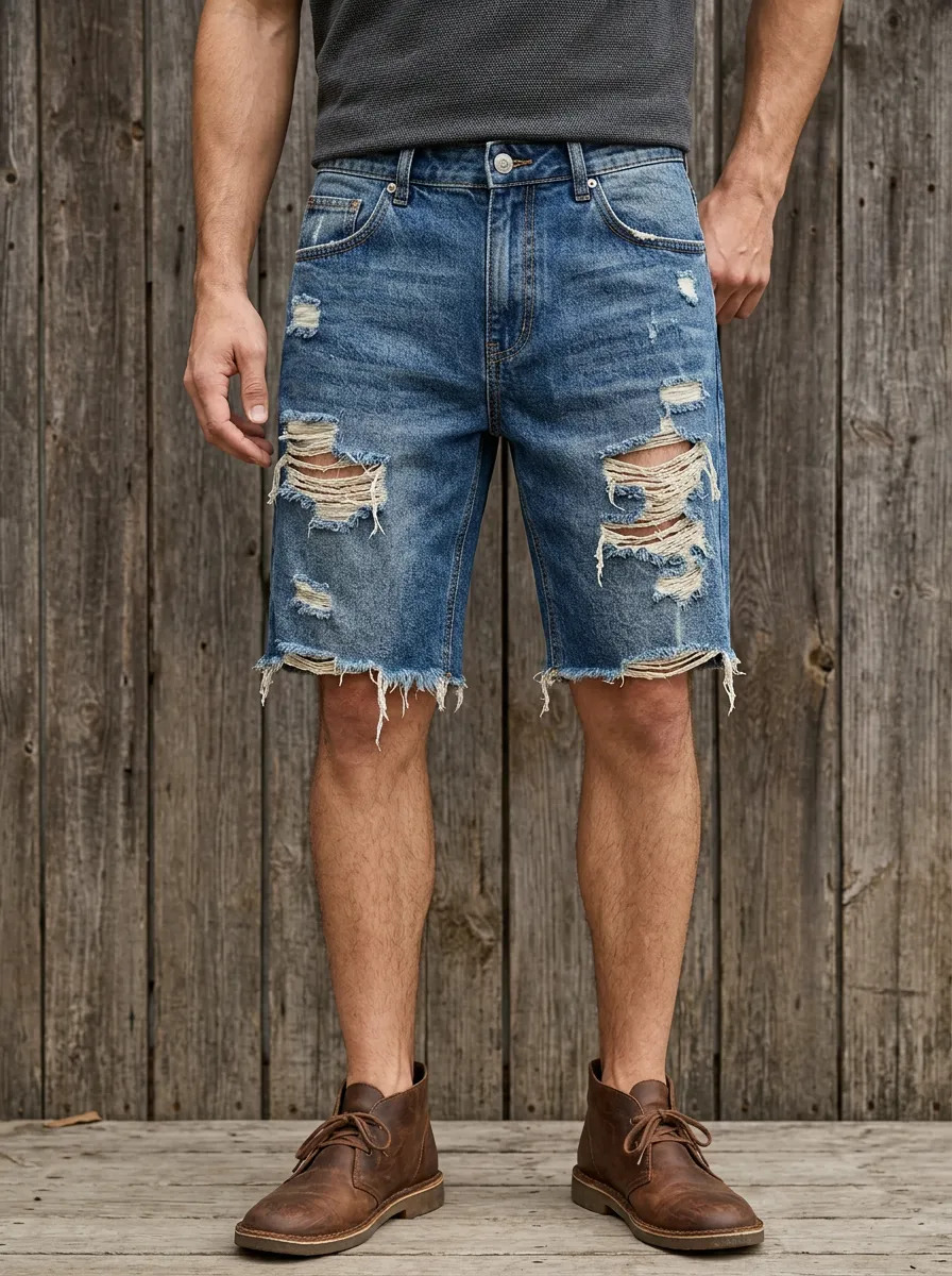 Men's Denim Raw Hem Denim Shorts Featuring Five Pocket