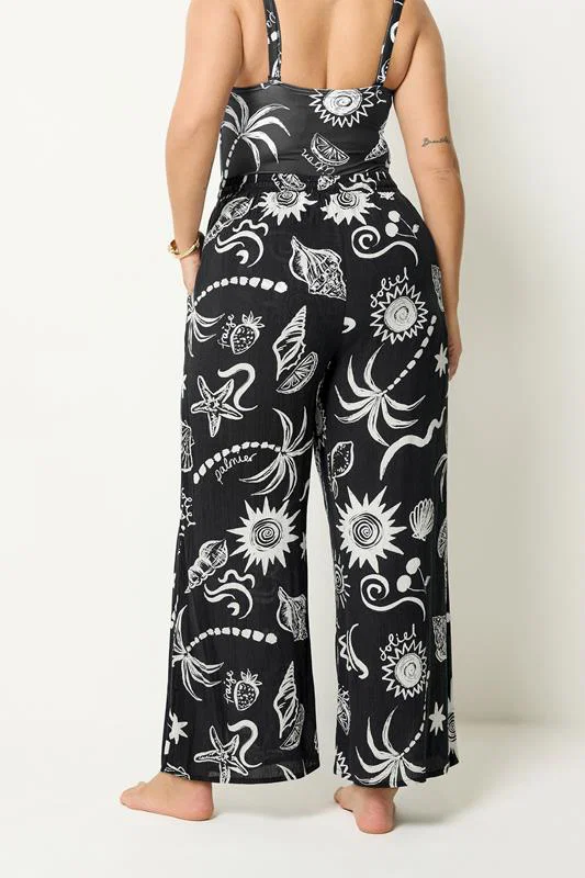 Black Summer Print Crinkle Beachwear Wide Leg Trousers detail 2