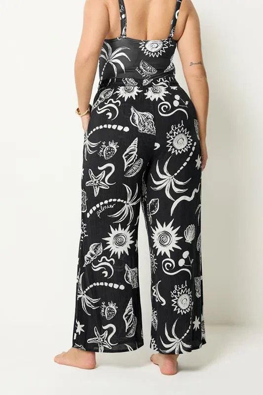 Black Summer Print Crinkle Beachwear Wide Leg Trousers