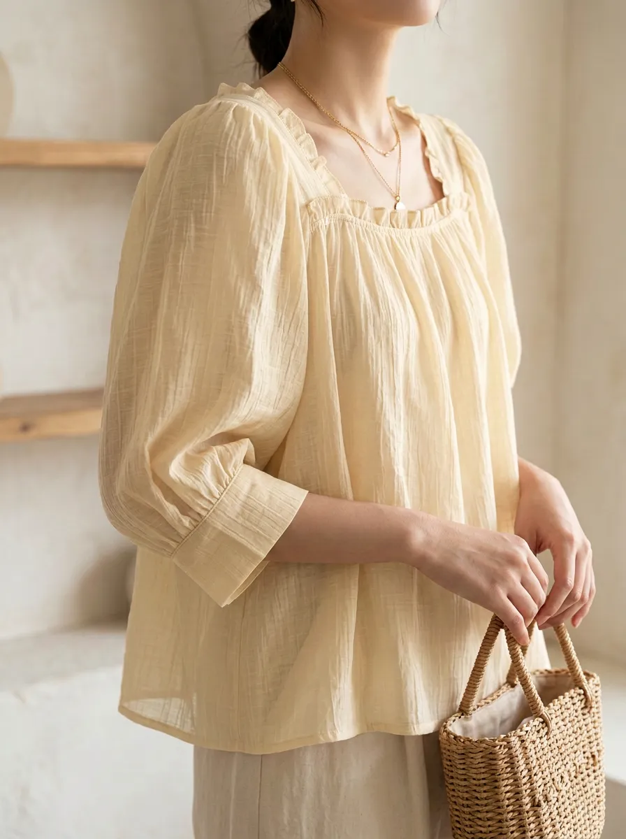 Square-Neck Women's Puff-Sleeve Blouse