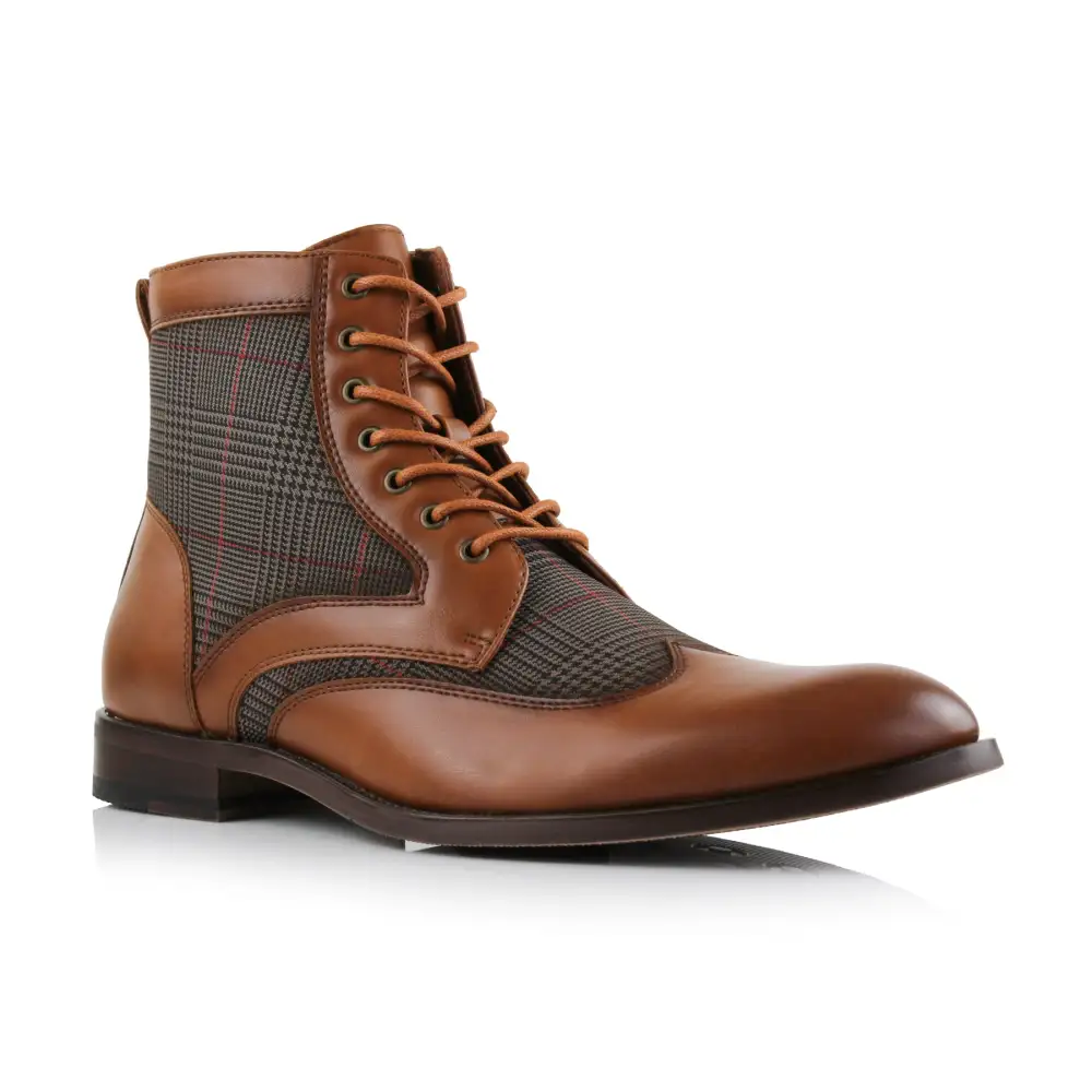Faux-Leather Wingtip Lace-Up Brogue Boots