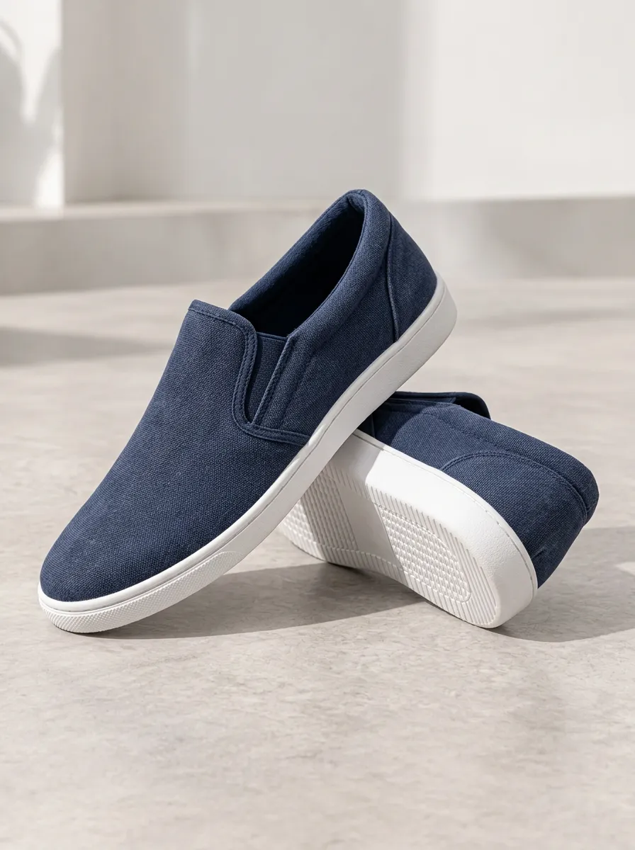 Men's Navy Canvas Heel-Panel White-Sole Elastic-Gore Slip-On Boat Shoes