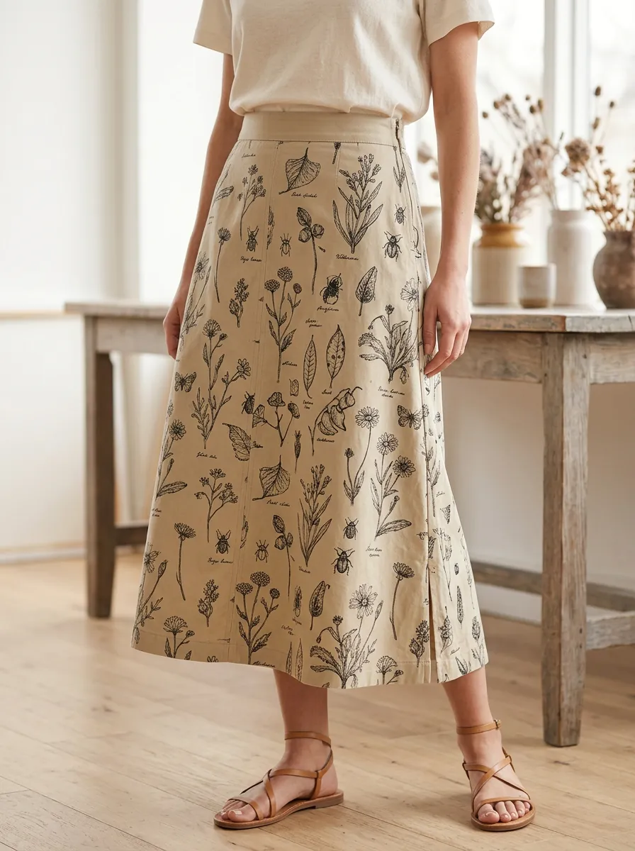 Women's Botanical Nature Lover Floral Insect Printed Midi Skirt