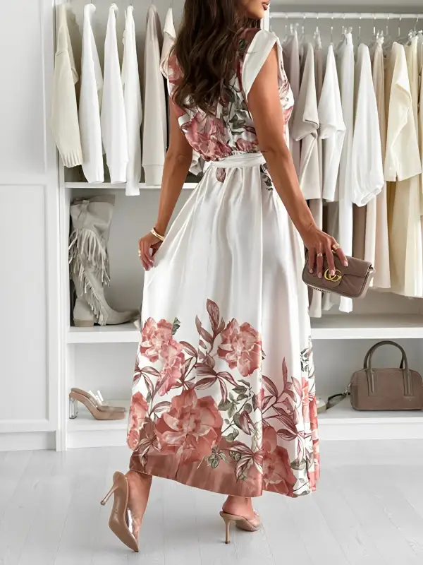 Floral Cowl-Neck Cap-Sleeve Maxi Dress