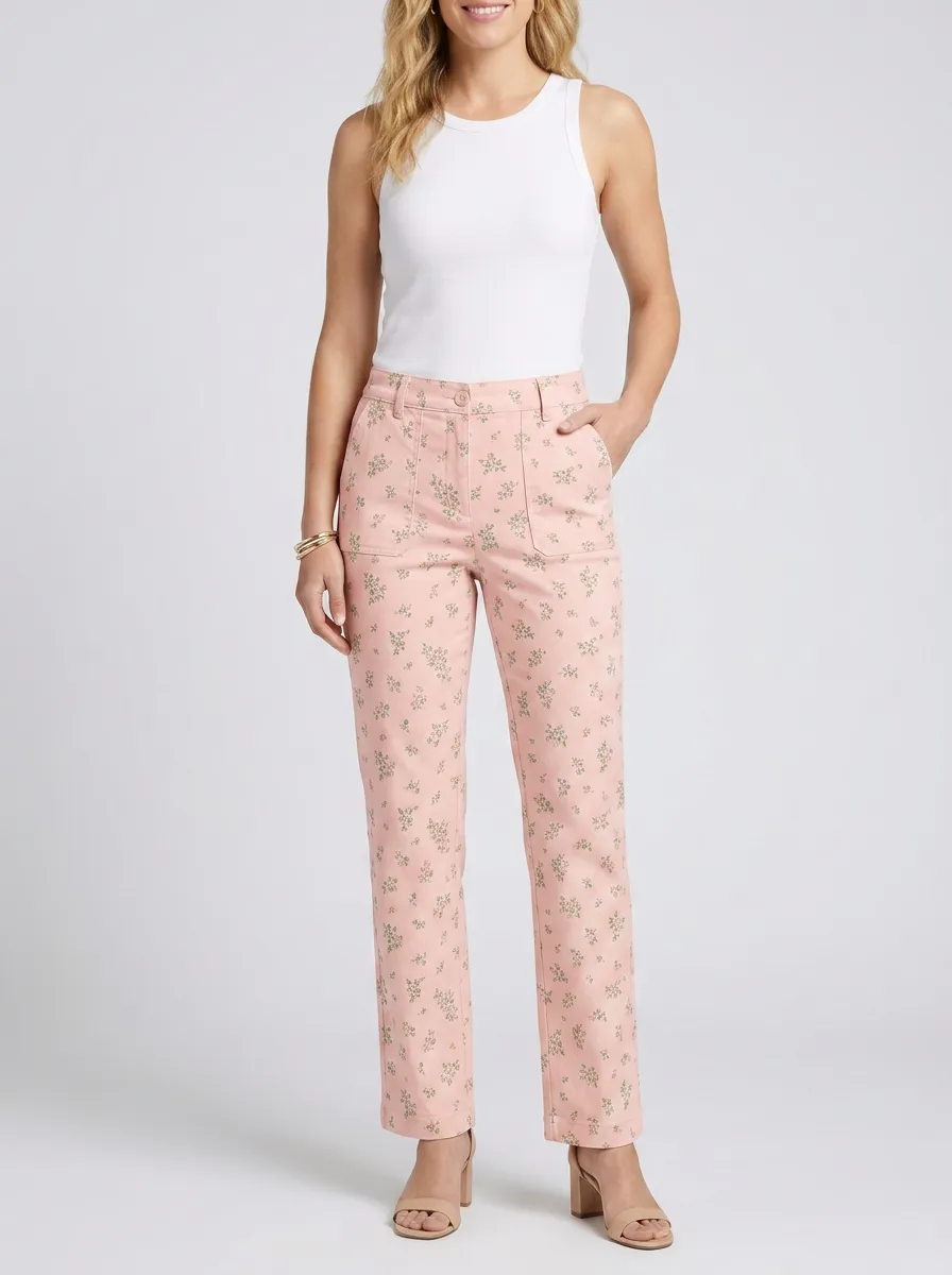 Women's Floral Pattern Beige Printed Mid-Rise Straight Leg Pants