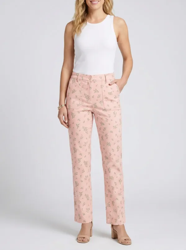 Women's Floral Pattern Beige Printed Mid-Rise Straight Leg Pants