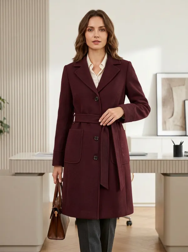 Women's Minimalist Leaf Embroidered Belted Navy Wool Coat