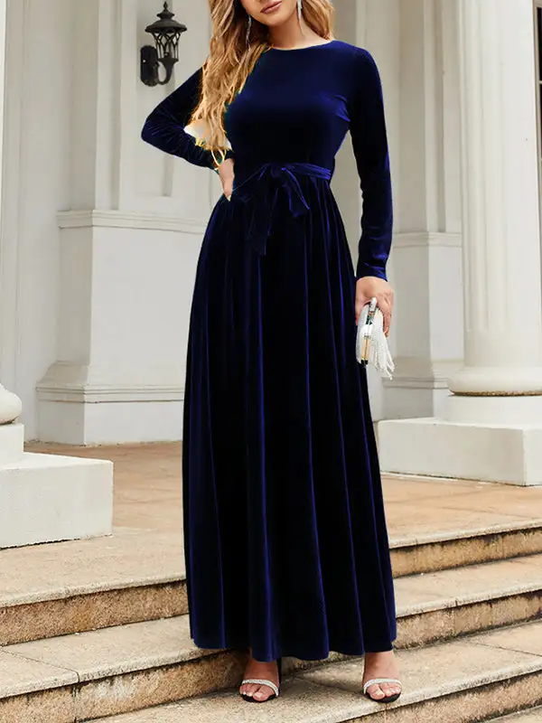 Pleated Wrap Belted Long Neck Maxi Dress