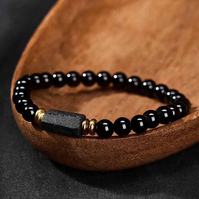 Obsidian Tourmaline Minimalist Round Bead Bracelet