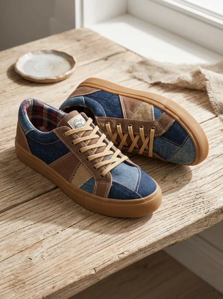 Women's Vintage Patchwork Denim Plaid Lined Printed Sneakers