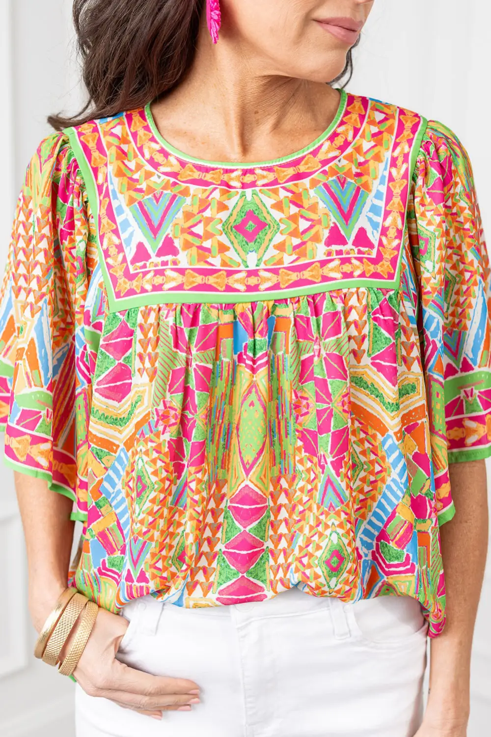 Bell Sleeve Round Neck Blouse