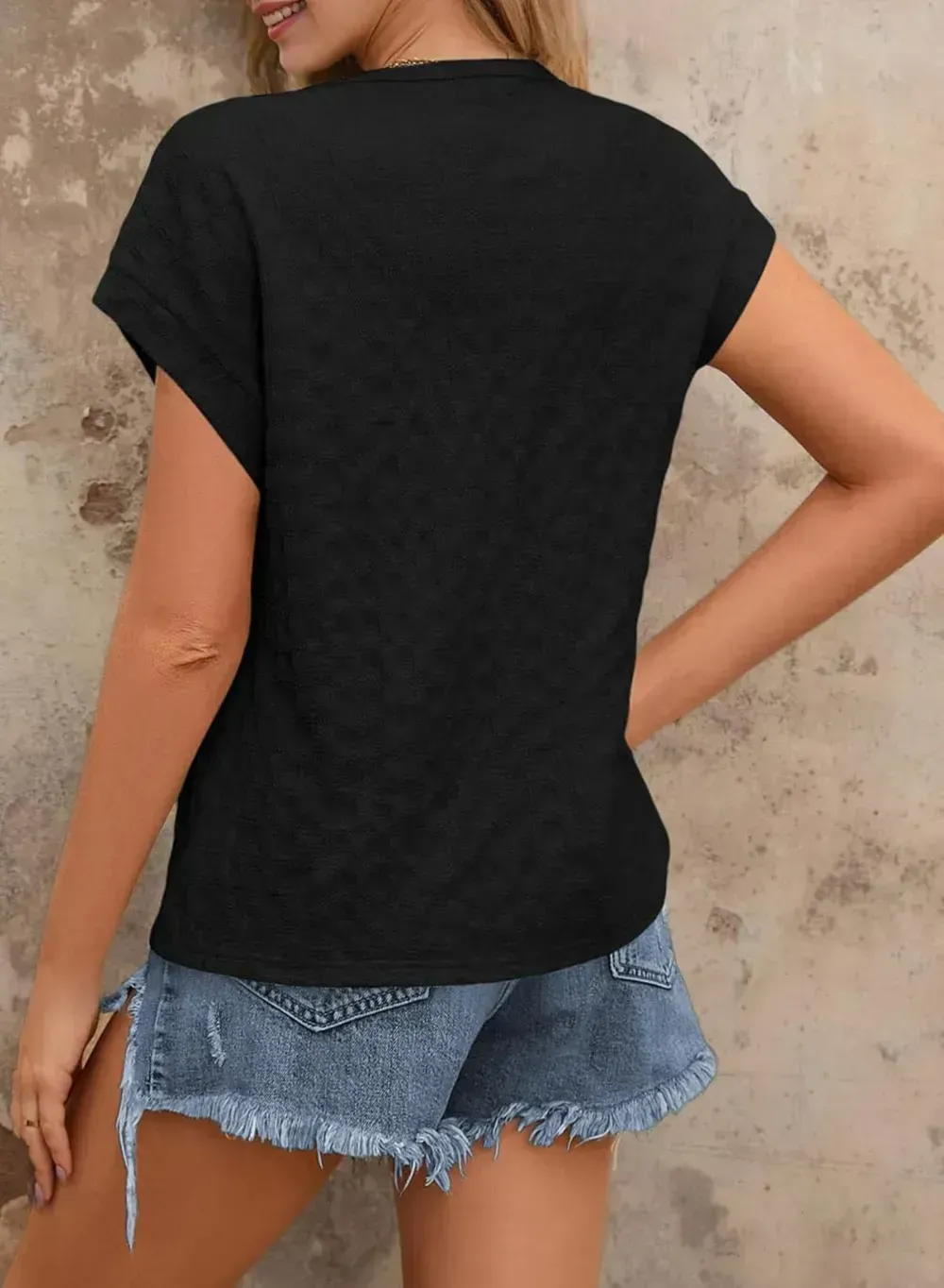 Dokotoo Tops for Women Trendy Summer Casual Cap Short Sleeve Basic Textured Solid Color Round Neck T Shirts Blouse