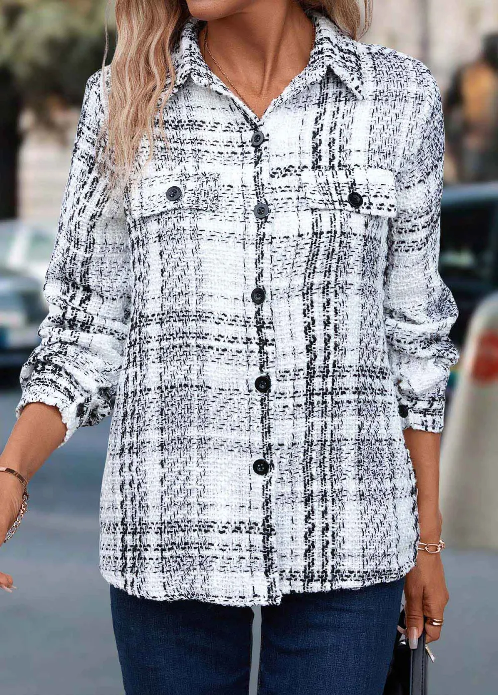 White Button Plaid Long Sleeve Shirt Collar Coat