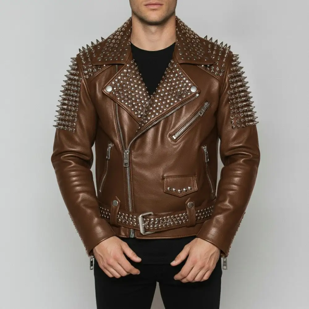 Modern Leather Biker Studded Belted Jacket