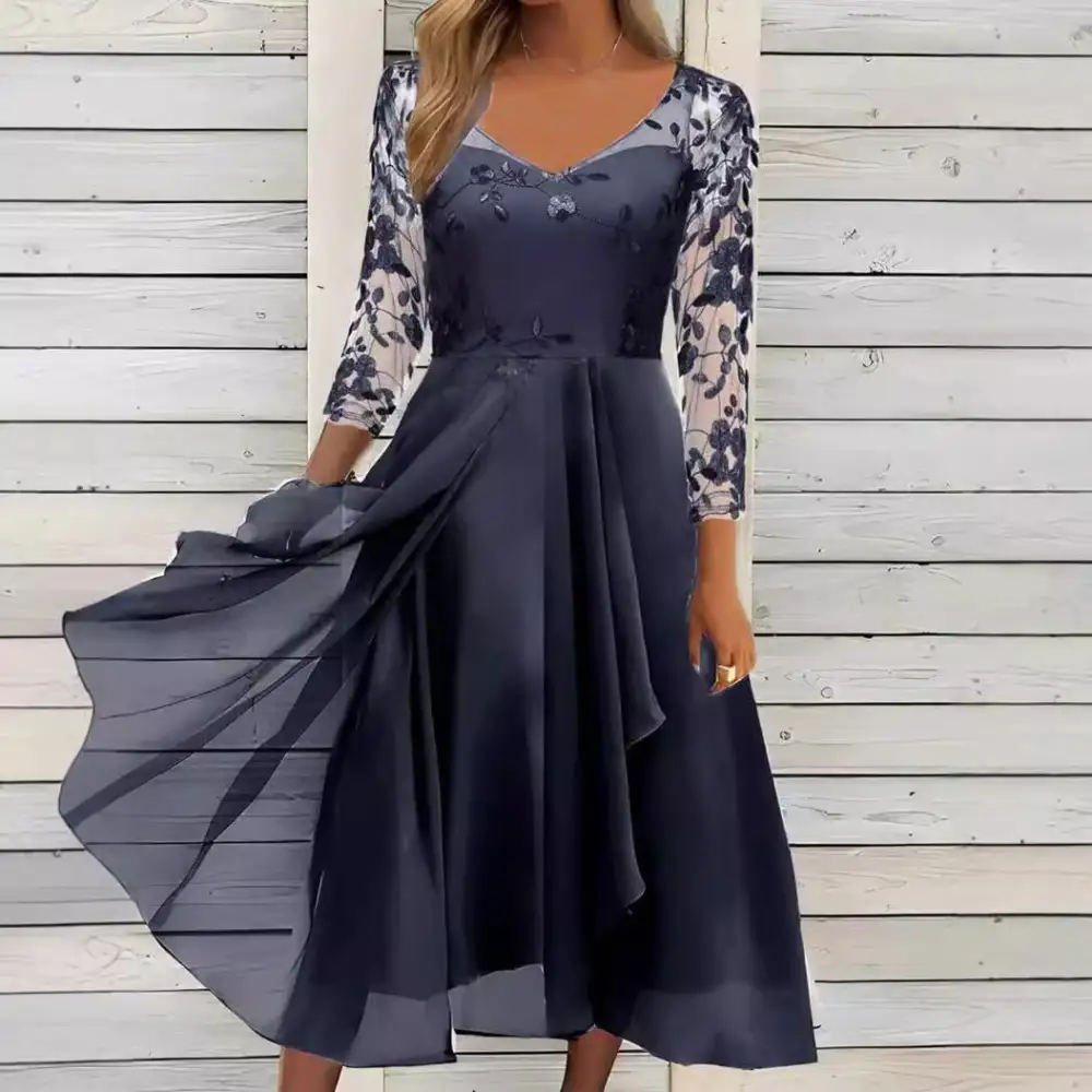 Women's Bodycon V-Neck Three-Quarter-Sleeve Chiffon Midi Dress
