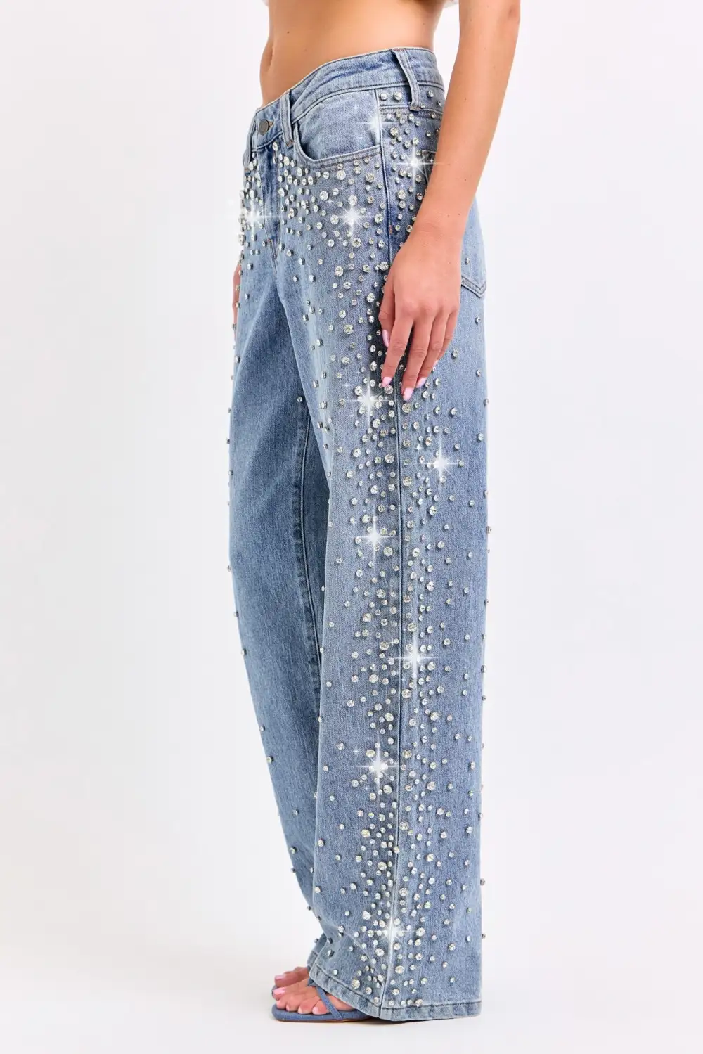 Embellished High Rise Wide Leg Jeans