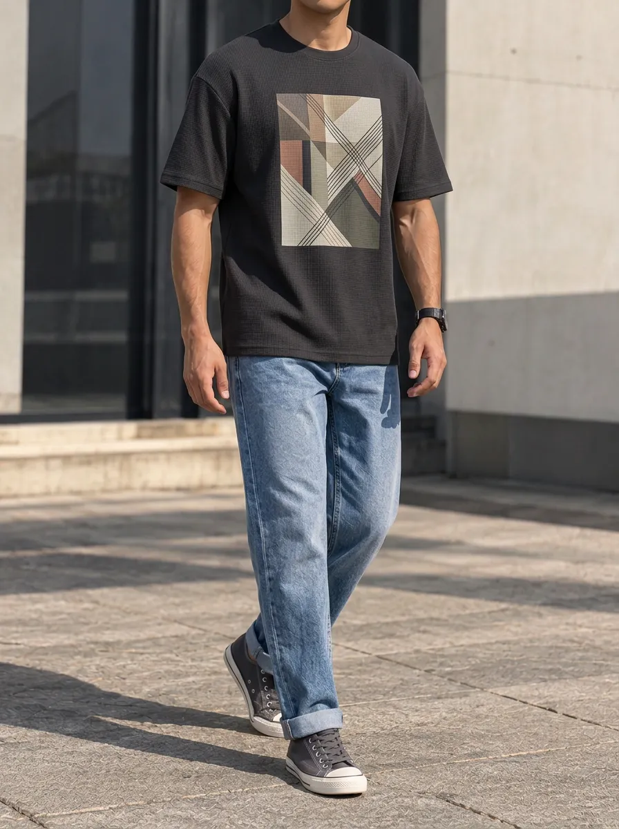 Men's Contemporary Geometric Pattern Printed T-Shirt and Jeans Set
