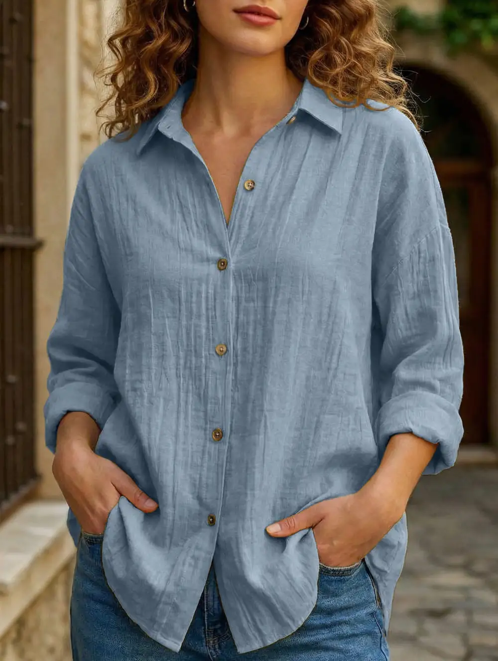 Button Detail Pleated Button-Up Shirt