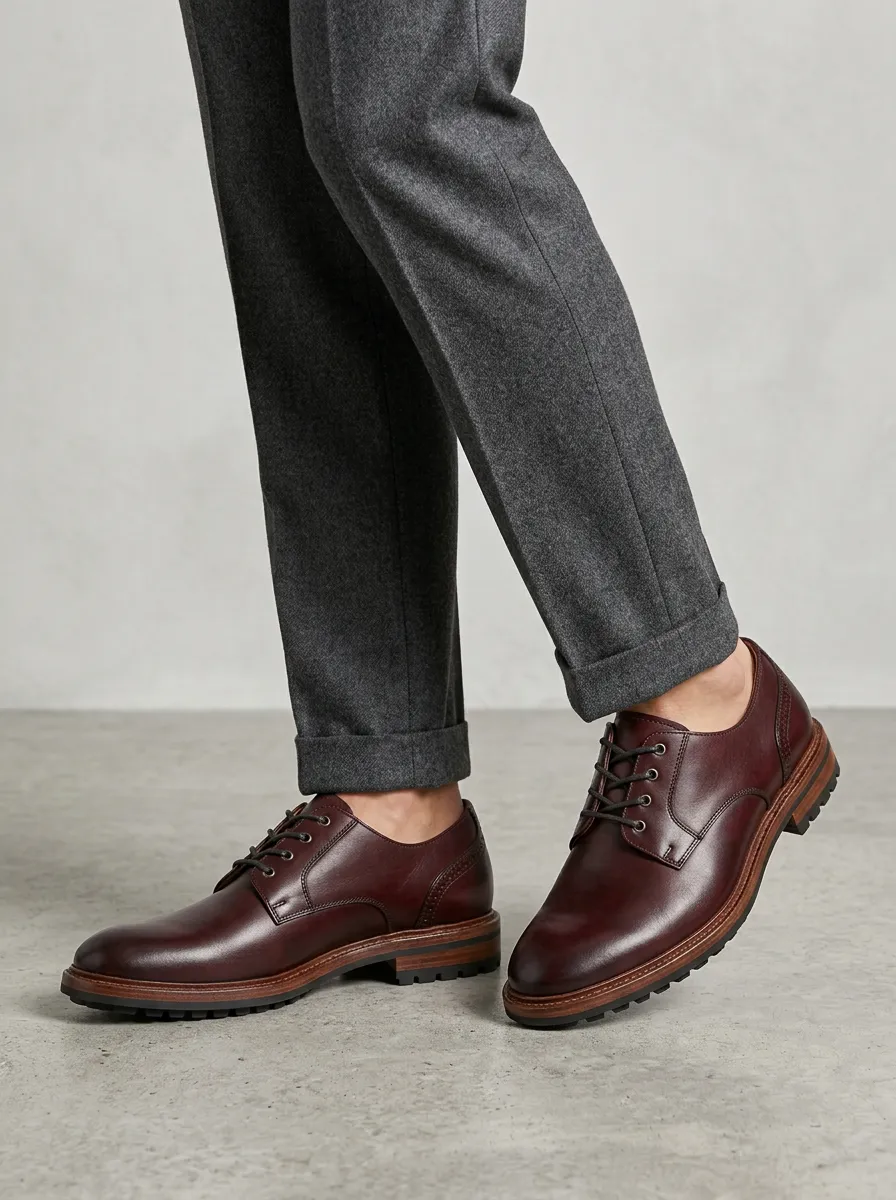 Men's Business Casual Burgundy Brogue Printed Leather Oxford Shoes