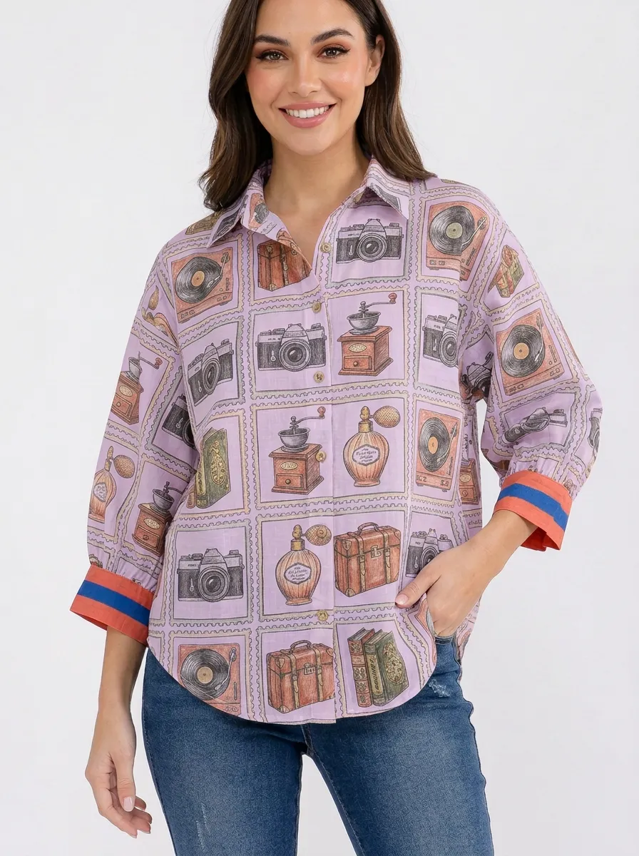 Women's Vintage Hobby Lover Stamp Pattern Graphic Button-Up Shirt
