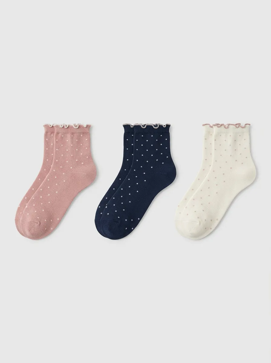 Women's Polka Dot Pattern Ruffle Trim Printed Socks 3-Pack