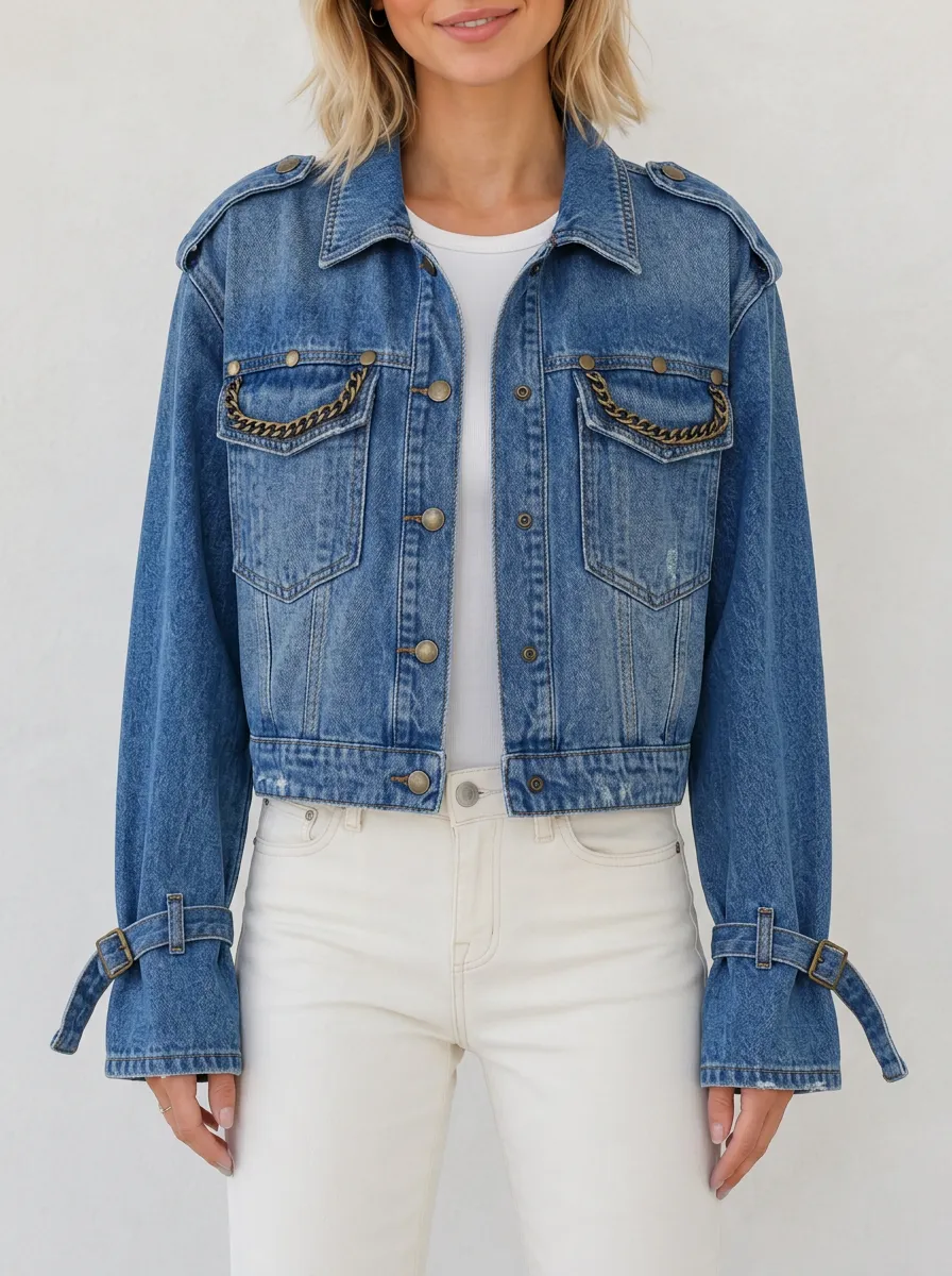 Women's Vintage Style Chain Detail Denim Jacket