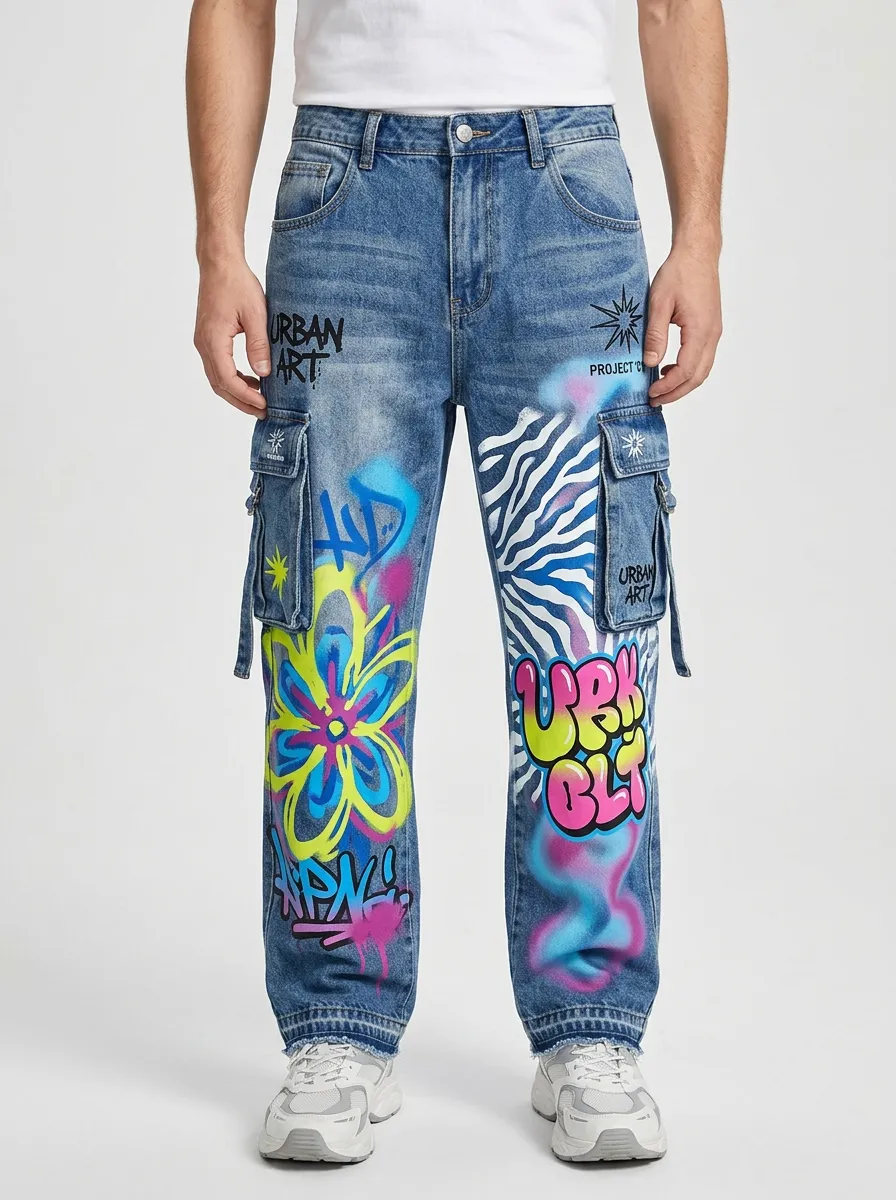 Men's Streetwear Graffiti Zebra Flower Graphic Cargo Jeans
