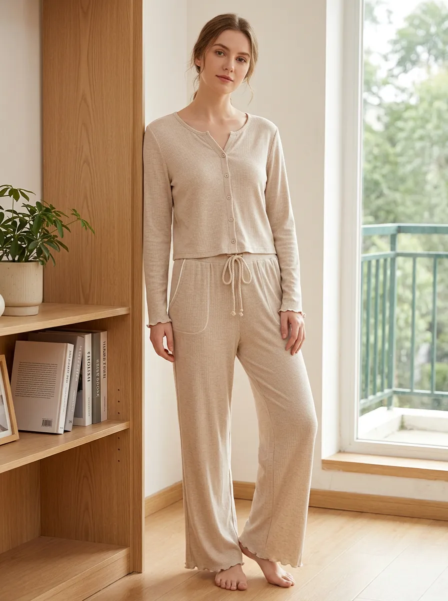 Women's Casual Lounge Ribbed Button-Down Pajama Set