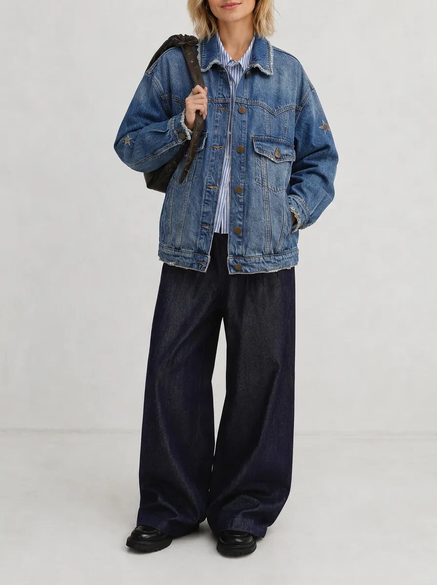Women's Star Pattern Distressed Denim Printed Jacket
