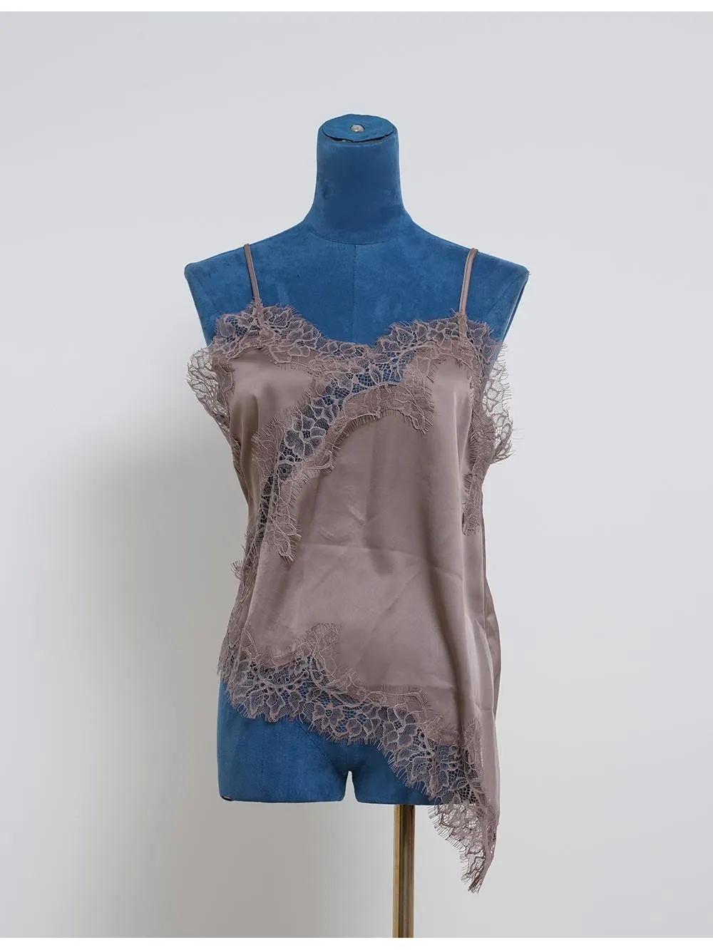 Satin Lace Trim V Neck Irregular Hem Cami Top