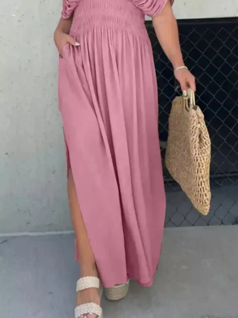 V Neck Smocked Slit Maxi Dress
