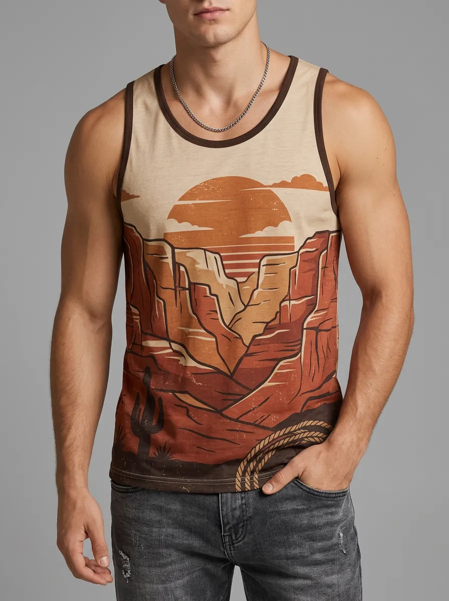 Men's Western Desert Landscape Cactus Printed Tank Top