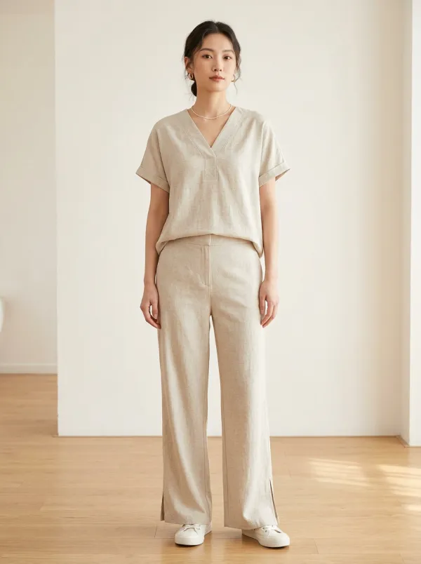 Short-Sleeve Cuffed-Sleeve Relaxed Women's V-Neck Casual Lounge Set