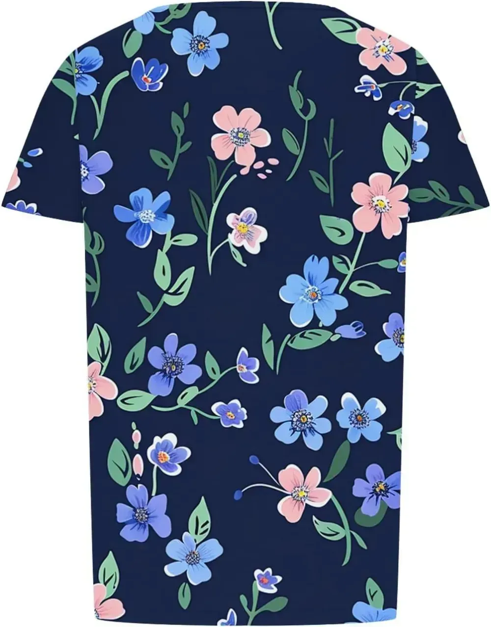 Womens Summer Pleated Front Shirts Tunics Casual Short Sleeved Loose Round Neck Boho Printed Tops Vacation Blouse