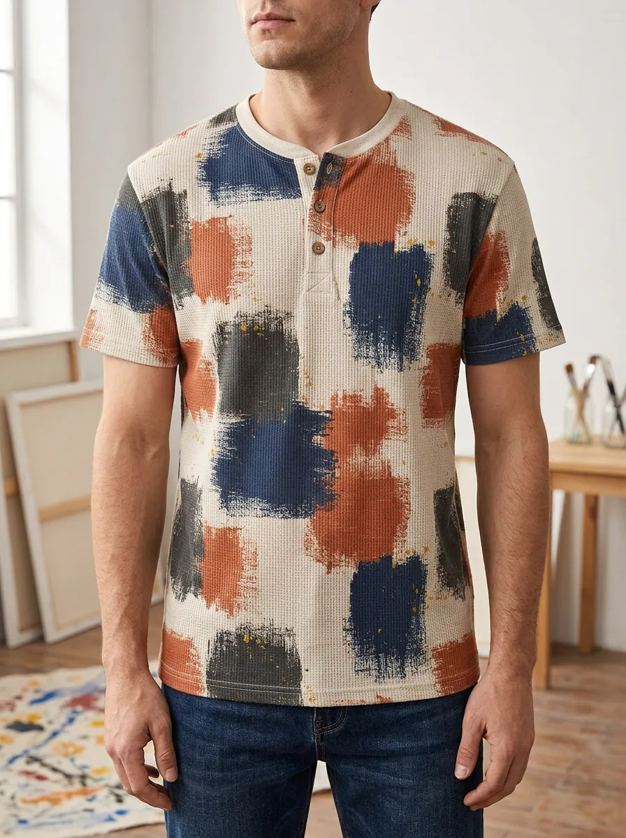 Men's Modern Abstract Brushstroke Print Waffle Knit Henley T-Shirt