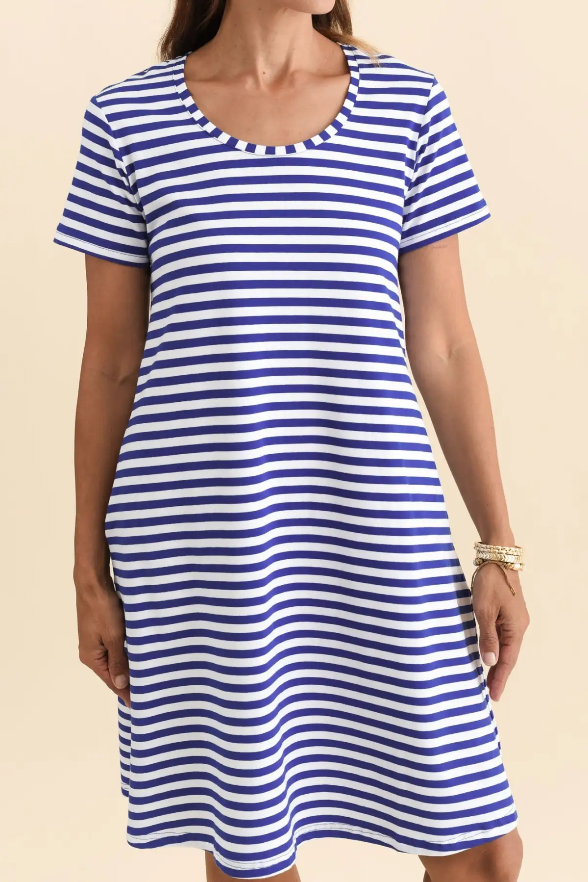 Cotton Knee-Length Striped Pocket Round-Neck Short-Sleeve A-Line T-Shirt Dress
