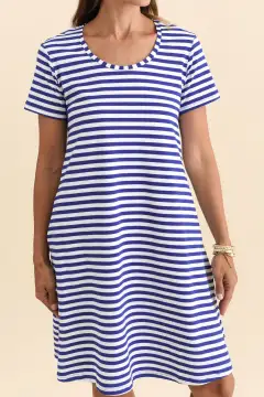 Cotton Knee-Length Striped Pocket Round-Neck Short-Sleeve A-Line T-Shirt Dress