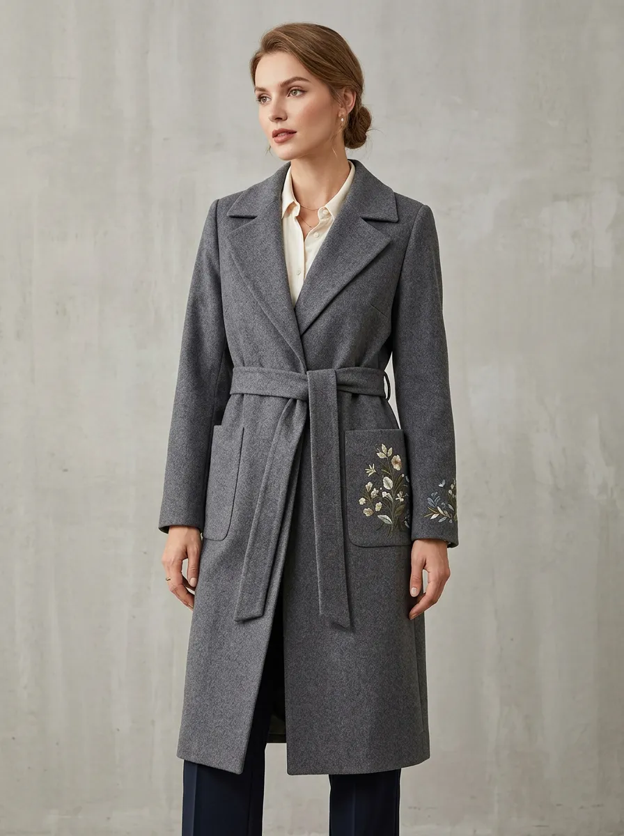 Women's Floral Embroidered Gray Wool-Blend Belted Coat
