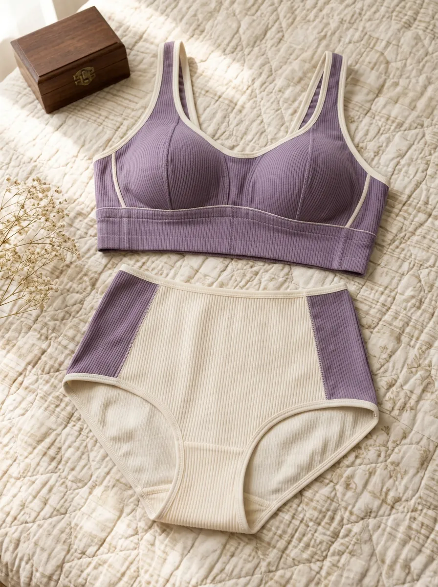 Women's Colorblock Ribbed Mauve Ribbed Lingerie Set