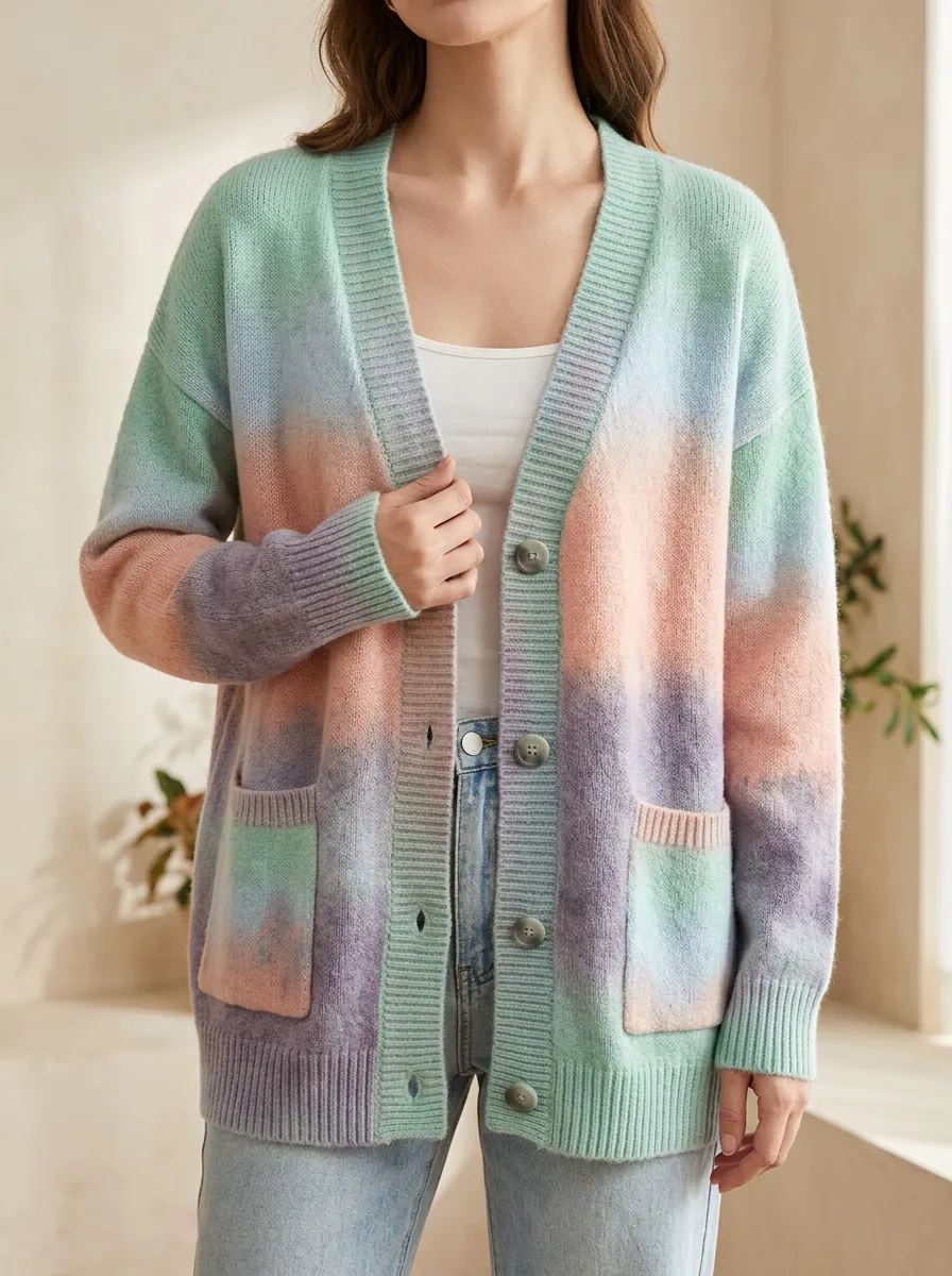 Women's Pastel Ombre Tie-Dye Printed Patch Pocket Casual Layering Cardigan