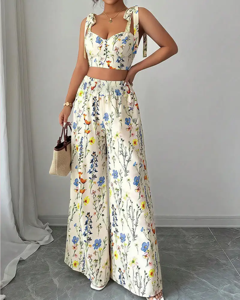 Summer Bloom Tie-Strap Crop Top and Wide Leg Pants Set
