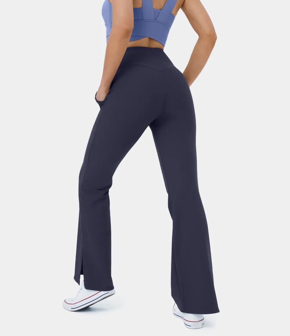 Patitoff Flow Pet Hair Resistant Crossover Pocket Split Hem Yoga Flare Leggings-Smile
