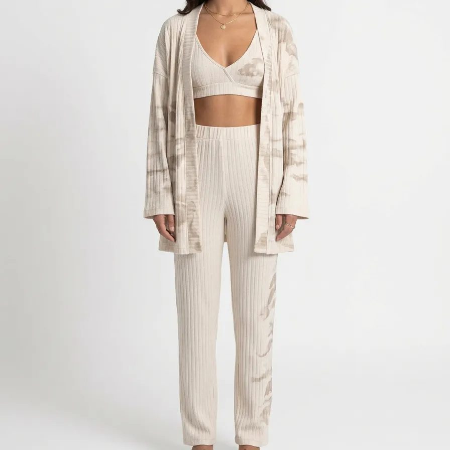 Tie Dye Ribbed Strap Detail Cardigan Lounge Set