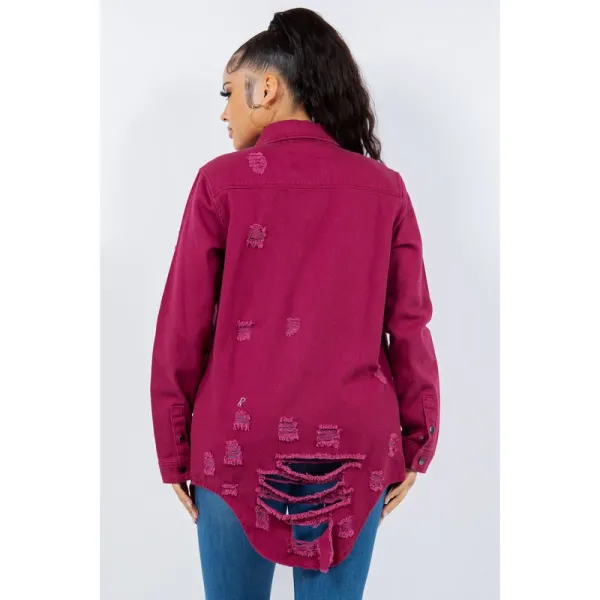 Distressed Button-Up Long-Sleeve Denim Jacket