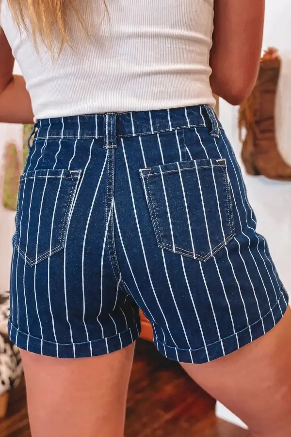 Button-Detail Striped Denim Shorts