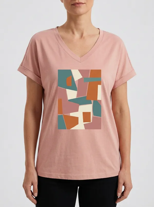 Women's Abstract Art Geometric Shapes Printed V-Neck T-Shirt Modern Pattern