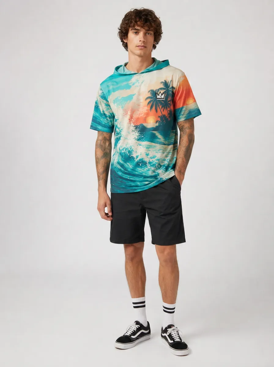 Men's Embroidered Tropical Print Short-Sleeve Hoodie