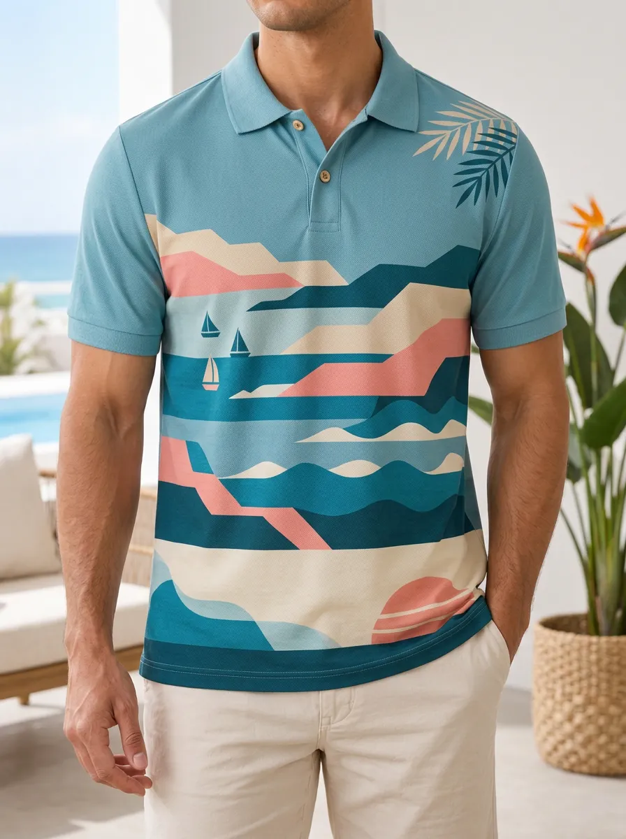 Men's Beach Lover Sailboat Landscape Printed Polo Shirt